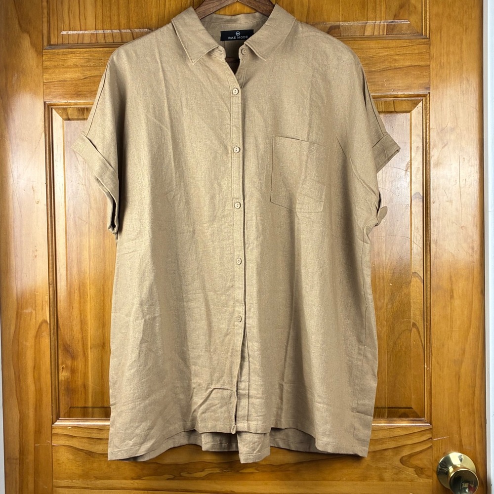 Rae Mode Linen Blend Camel Short Sleeve Button Down Shirt Lg Coastal Boho Earthy